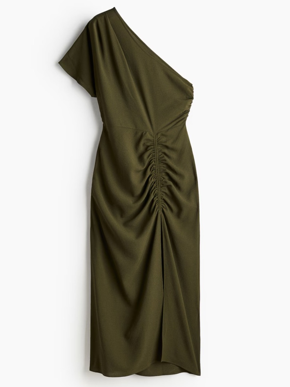 H&M Olive Green One-Shoulder Ruched Midi Dress